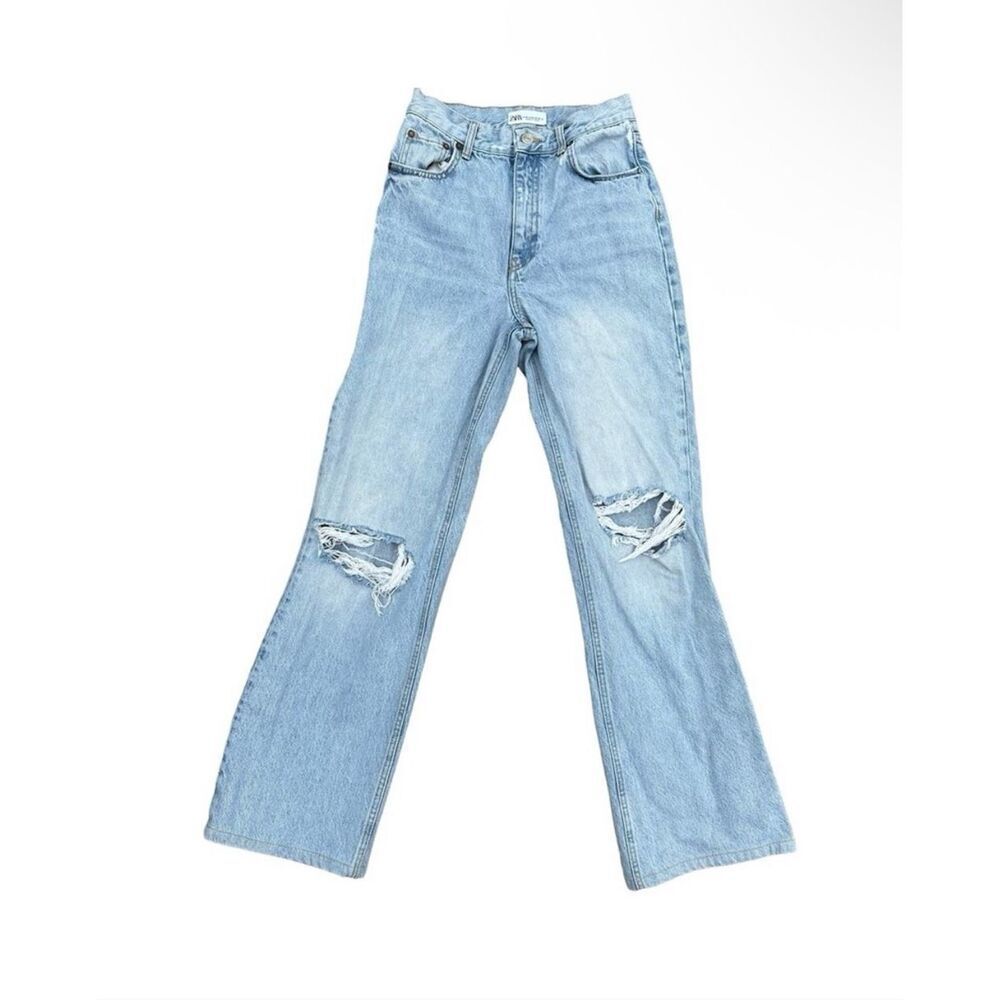 Zara Jeans Straight Leg High Rise Distressed Light Wash Grunge Y2K Women 4